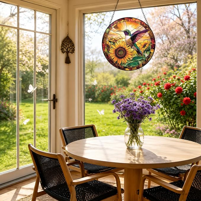 Stained Glass Hummingbird Suncatcher Window Hanging Flowers Gifts for Mom | 7.8in Garden Sun Catcher, Sunflowers Sunrise Ornament for Door Home, Gift for Bird Lovers Grandma & Mother's Day Christmas