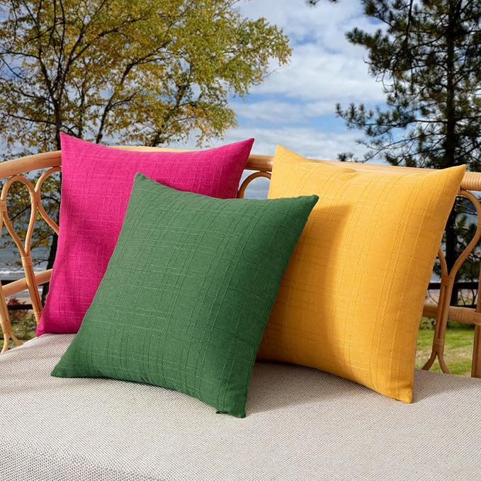 Kevin Textile Outdoor Waterproof 26”x26” Pillow Covers 2 Pack, Dark Green | Water Resistant, Soft Faux Linen-cotton Yarn-dyed Woven Texture Throw Pillow Covers for Tent Patio Garden Couch Sofa