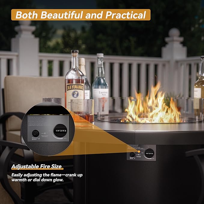 Kurapika 5 Piece Modern Metal Outdoor Conversation Sets, Patio Furniture Set, 4 Aluminum Swivel Chairs w/48in Round Propane Fire Pit Table and Thickened Cushions, Sand