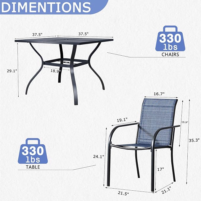 5 Piece Patio Dining Set for 4, 37.5” Black Square Table with Umbrella Hole and 4 Blue Patio Stackable Chairs, Patio Table and Chairs for Backyard, Lawn, Deck & Garden