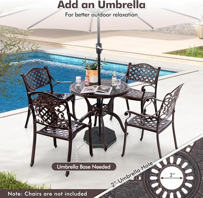 Giantex 31.5" Patio Bistro Table, Cast Aluminum Table Side Table with 2" Umbrella Hole & Adjustable Footpads, All-Weather Metal Outdoor Round Dining Table for Porch, Backyard