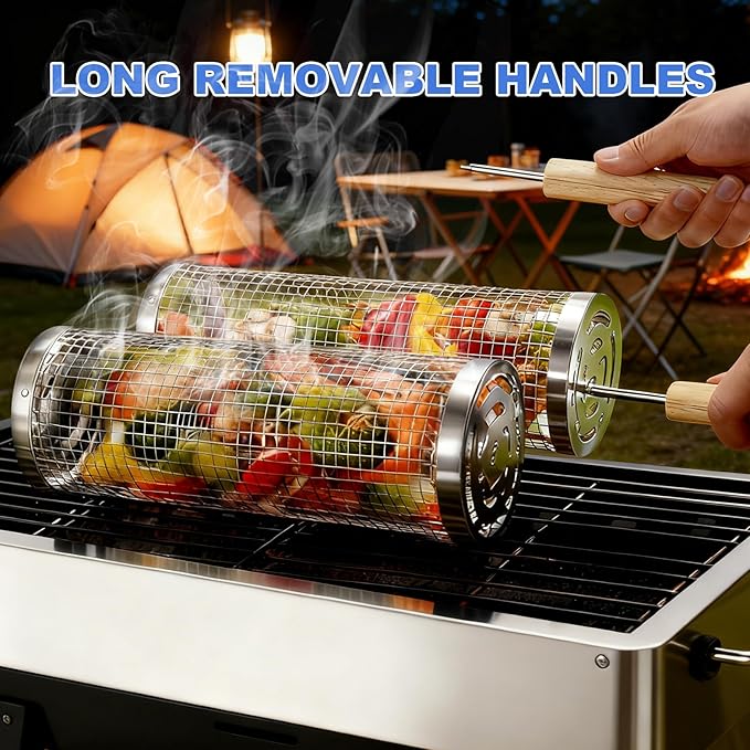 Rolling Grill Basket 2-Pack, Premium 304 Stainless Steel, Removable Wooden Handles, Upgrade Rolling Grill Baskets for Outdoor Grill, BBQ Grill Accessories for Outdoor Grill, Outdoor Gifts for men