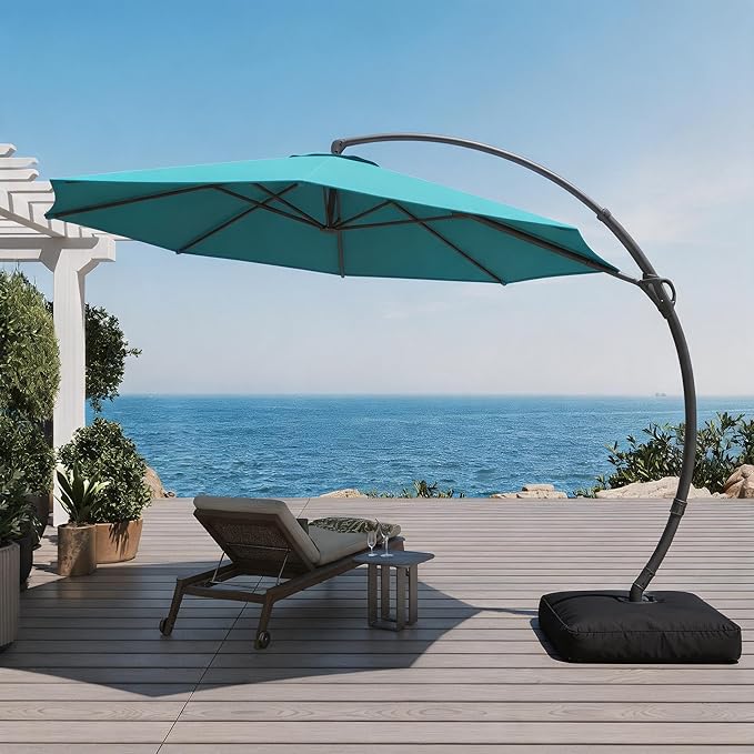 LAUSAINT HOME 12ft Patio Cantilever Umbrella with Base Included, Outdoor Curvy Round Offset Umbrella, Heavy Duty Aluminum, 360° Rotation for Pool, Deck, Lawn, Backyard (Turquoise Blue)