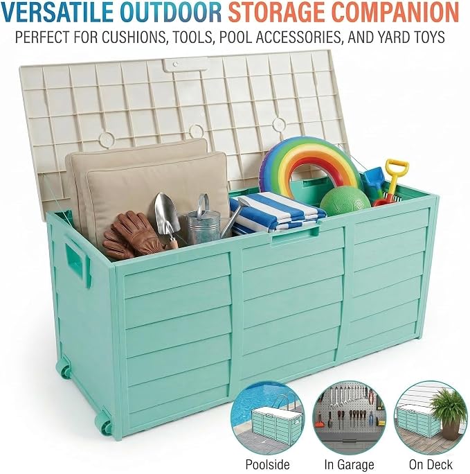 75 Gallon Outdoor Storage Deck Box, Weatherproof Resin Garden Storage Bin with Wheels and Handles, Lockable Toy Chest & Patio Cushion Box for Yard and Pool, Mint Green