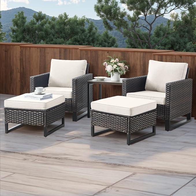 HUMMUH 5 Piece Patio Furniture Outdoor Bistro Set All-Weather Wicker Outdoor Chairs with Ottomans End Table for Patio,Porch,Garden,Backyard
