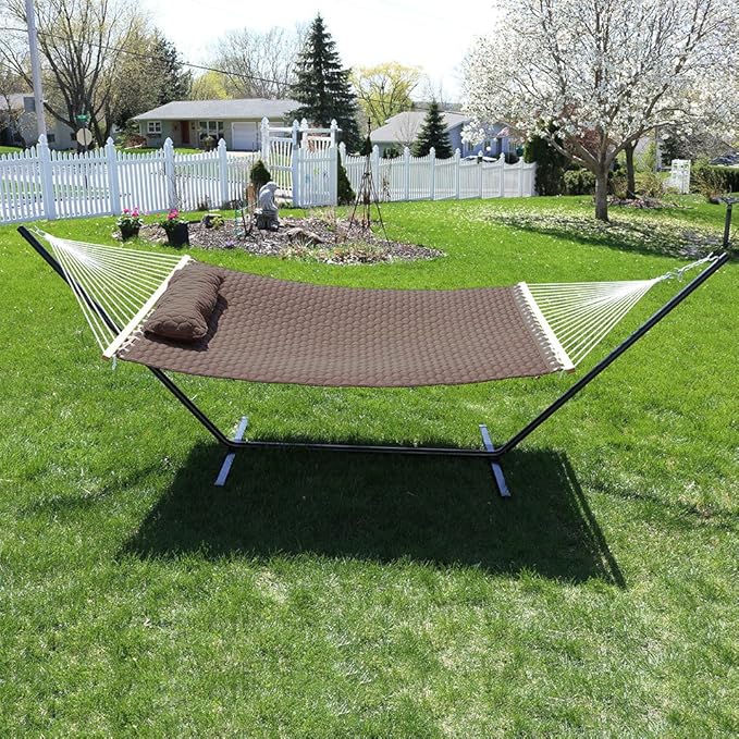 Sunnydaze Quilted Designs Hammock with Stand 2 Person Heavy Duty - Double Hammock with 12 Foot Steel Stand for Backyard & Patio - 350 Pound Weight Capacity - Brown