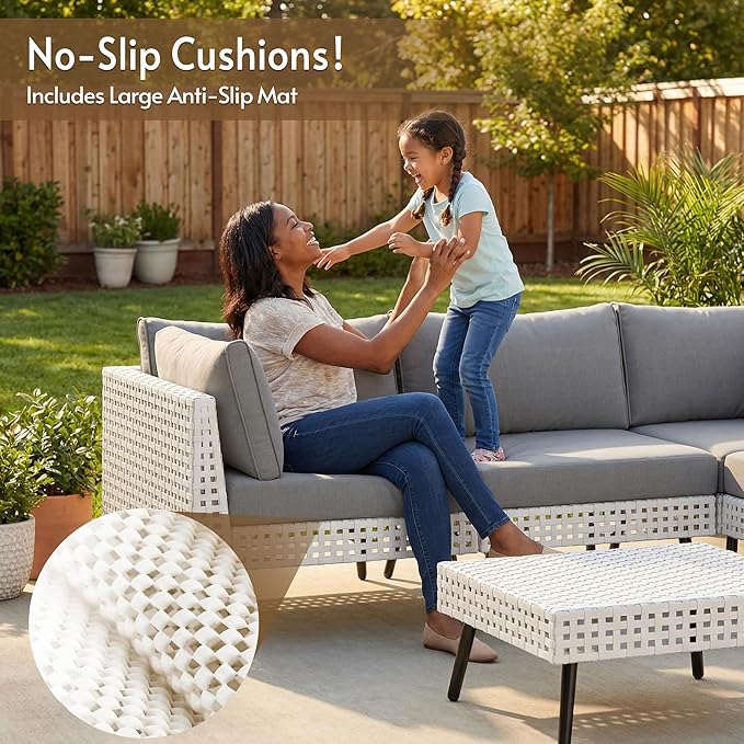8 Piece Patio Furniture Set with Fire Pit Table (55" 50000BTU Propane), Patio Sectional with Upgraded Cationic Fabric Cushions & Outdoor Open Weave Wicker for Garden, Poolside, Backyard