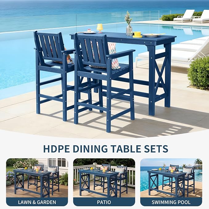 3-Piece Outdoor Bar Table and Chairs Set, HDPE Counter Height Patio Dining Sets, Adirondack Bar Height Chairs Set of 2 and Bar Table for Bistro, Poolside, Backyard, Blue