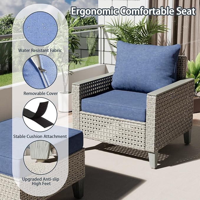 Outdoor Patio Furniture Set 7-Piece Modular Wicker Sectional Sofa with Ottomans and Thick Cushions, Modern Rattan Outdoor Conversation Couch for Garden Backyard, Navy
