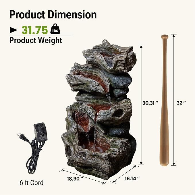 30-Inch Outdoor Water Fountain, 5-Tier Cascading Realistic Tree Trunk Resin Waterfall Fountain with 4 LED Lights, Natural Look, Decor for Garden, Patio, Yard, Porch, Deck or Lawn in White