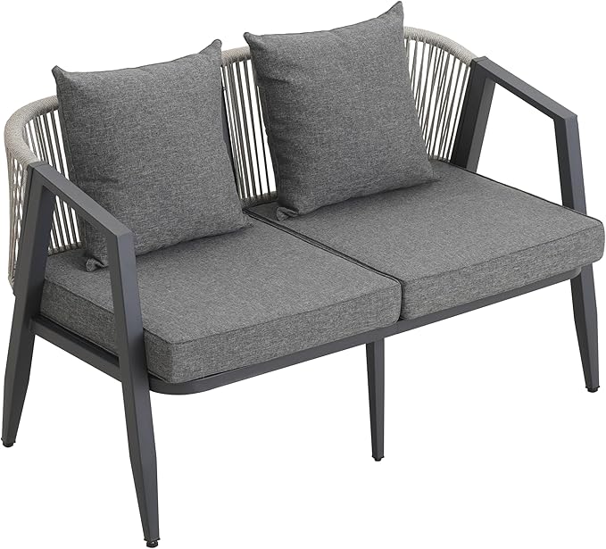 GDFStudio Aoxwe 4 Piece Outdoor Conversation Set, Rope Woven Club Chairs, Woven Open Back Loveseat, Slats Panel Design Coffee Table, Iron Frame Sectional Conversation Set for Poolside, Gray
