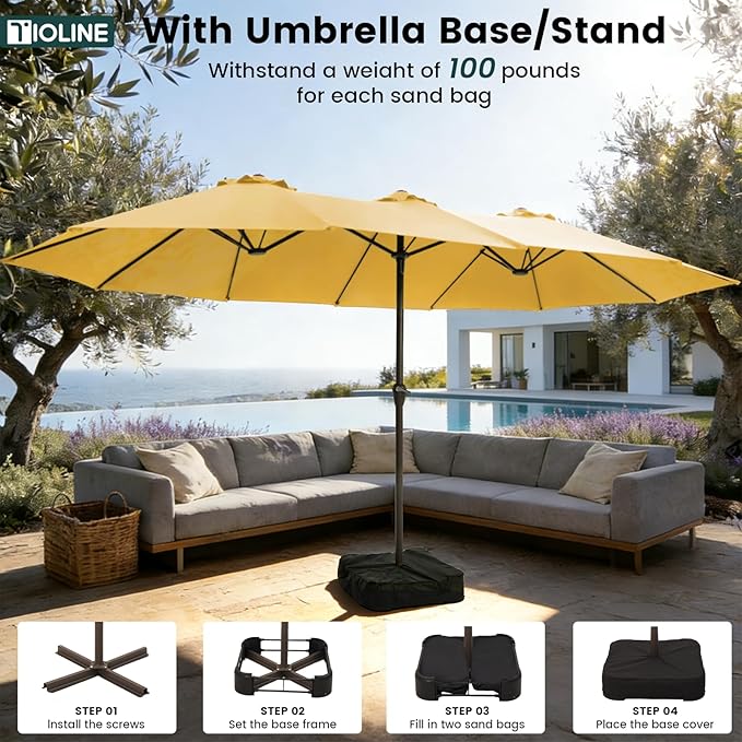 15FT Large Patio Umbrellas with Base Included, Outdoor Double-Sided Rectangle Big Market Umbrella with Stand, Outside Umbrellas for Poolside Lawn Backyard,Yellow