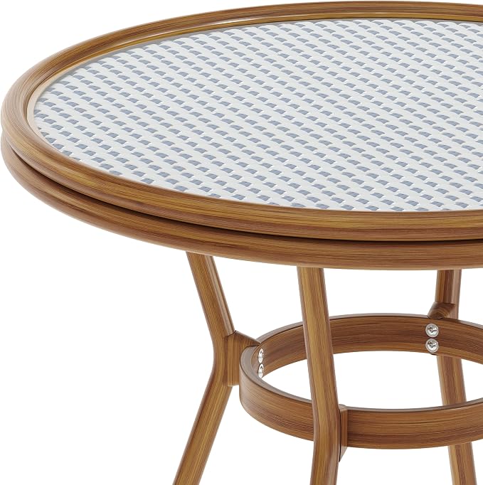 Flash Furniture Lourdes Indoor/Outdoor Commercial Bistro Table - Tempered Glass Top - PE Rattan - Natural Bamboo Print Aluminum Frame - 31.5" - White/Navy