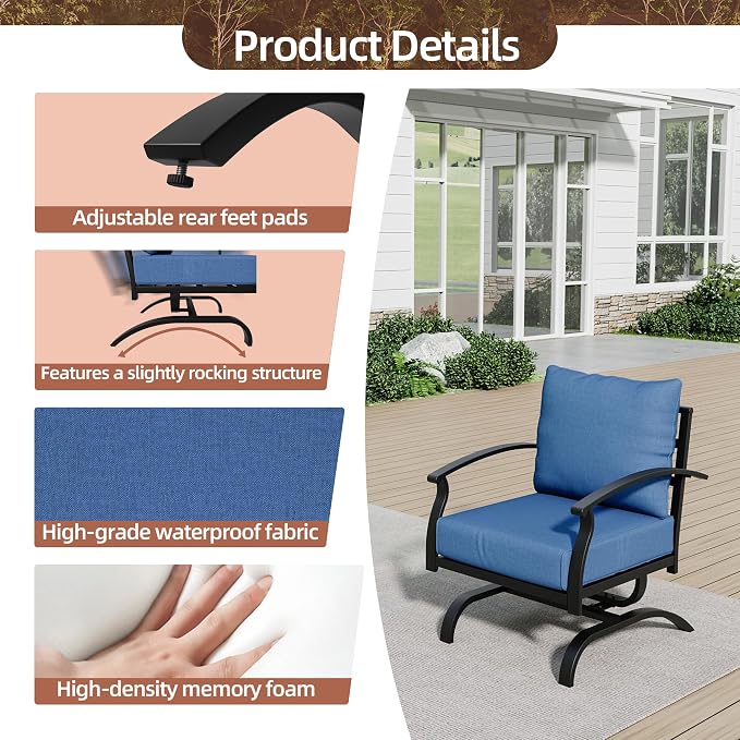 Kurapika Metal Patio Furniture Set 5-Seat Modern Metal Bistro Set Outdoor Conversation Sets, 2 Piece Patio Rocker Chairs with Thick Cushion and Coffee Table for Garden Backyard Deck Lawn, Navy Blue
