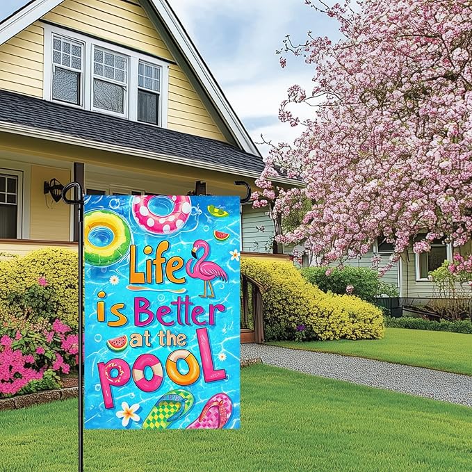 Summer Garden Flag 12X18 IN Double Sided Life Is Better At The Pool Flamingo Garden Flags for Holiday Yard Outside Decoration