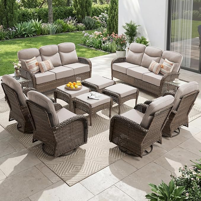 Outdoor Swivel Rocking Chair Patio Set (12pcs) High-Back - Thick Cushion Swivel Rocking Chair Patio with Sofa Set, All-Weather Wicker Patio Furniture Set, Suitable for Balcony Patios, Brown/Beige