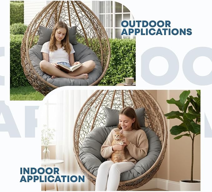 Outdoor 45" Round Egg Chair Cushion Replacement Waterproof Grey | Thicken Pad with Headrest Pillow, Hanging Swing Wicker Egg Chair Cushions, Suitable for Garden Office