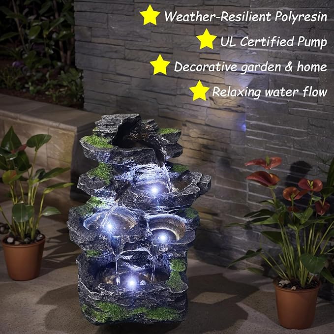 Waterfall 5-Tier Cascading Rock Water Fountain with LED Lights and Pump, Modern Resin Fountain Indoor Decor for Garden, Patio, Backyard, Porch and Home Art Decor (14" H)