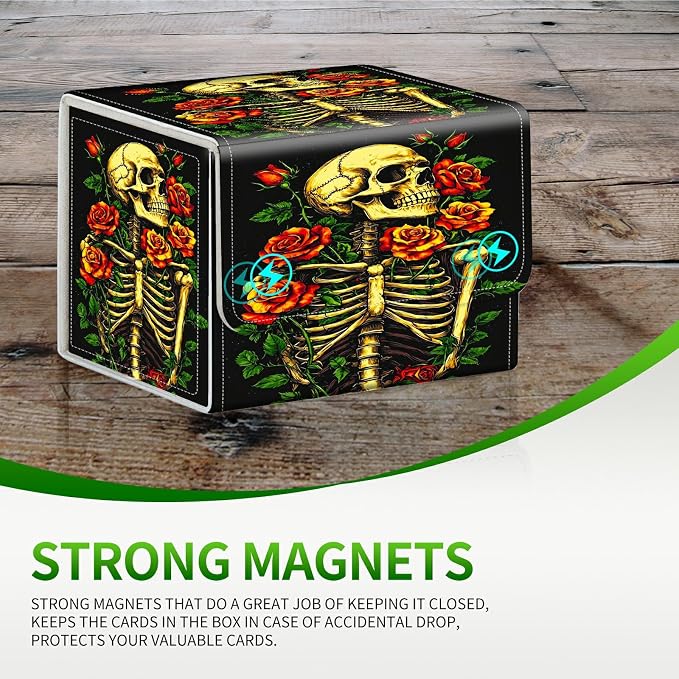 Card Deck Box for MTG, Cards Storage Box Fits 120+ Sleeved, Leather Small Size Strong Magnetic Closing Card Case for Board Games Magic TCG CCG Baseball Collection, Skull Red Rose