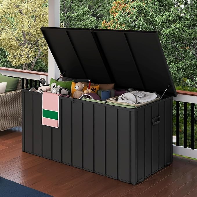 200 Gallon Metal Deck Box, Waterproof Outdoor Storage Box with Lockable Lid, Large Pool Storage Cabinet for Patio Furniture Garden Tools Pool Supplies, Grey
