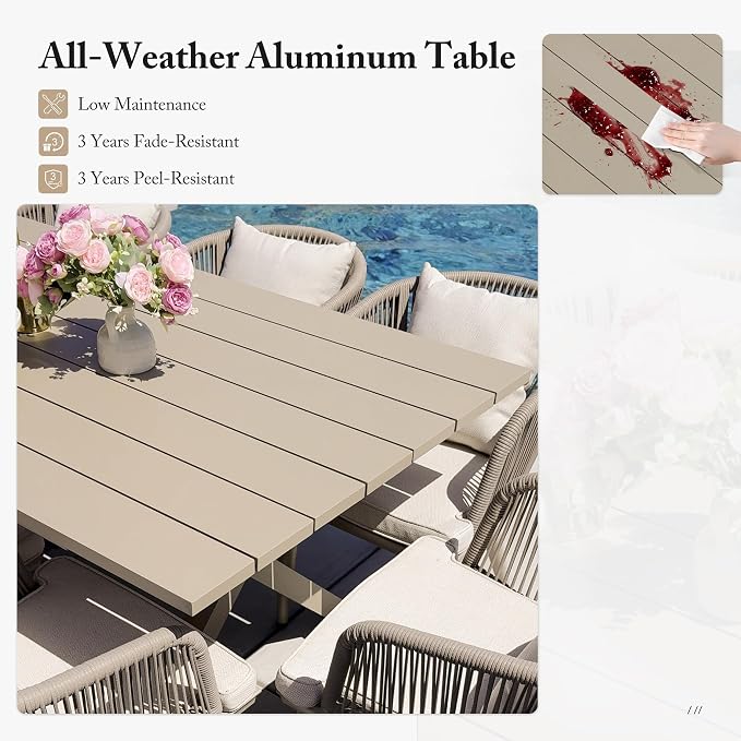 PURPLE LEAF 9 Pieces Patio Dining Set Wicker Outdoor Furniture Rectangular Table and Chairs Set for Garden Deck Aluminum Frame Backyard Kitchen Set, Cushions and Pillows Included Champagne