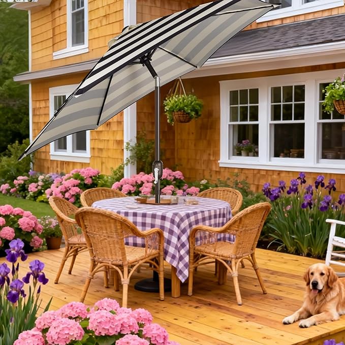 Blissun 7.5 ft Patio Umbrella, Yard Umbrella, Outdoor Market Umbrella with Push Button Tilt Crank, Black & Beige