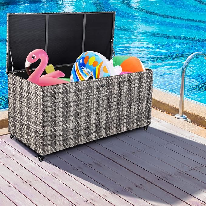 Tangkula 96 Gallon Deck Box, PE Wicker Outdoor Storage Box with 4 Wheels and Waterproof Liner, Outdoor Rectangular Storage Container for Cushions, Garden Tools (Mix Gray)