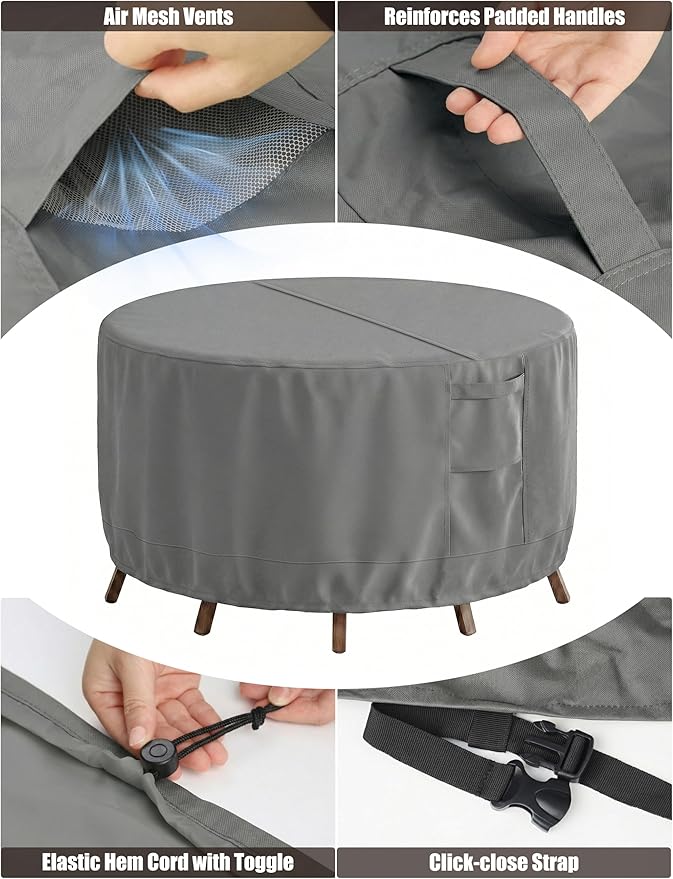 Vailge Round Patio Furniture Covers, 100% Waterproof Outdoor Table Chair Set Covers, Anti-Fading Cover for Outdoor Furniture Set, UV Resistant (Grey, 62"DIAx28"H)