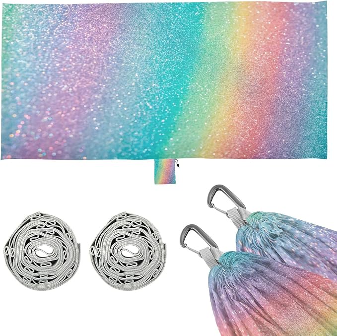 Rainbow Glitter Texture Camping Hammock, Portable Lightweight Single Hammock with Tree Straps and Aluminum Carabiners, 114" x 54" Travel Hammock for Hiking Backpacking Beach