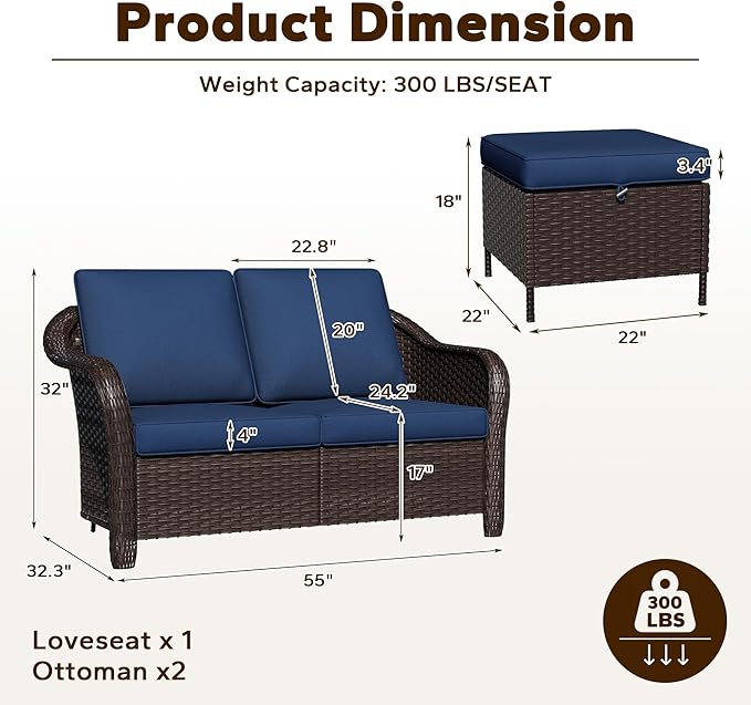 3 Piece Patio Wicker Conversation Set, All-Weather Use Outdoor Wicker Loveseat with 2 PE Rattan Ottomans, Ideal for Porch, Backyard, Balcony, Poolside, Blue