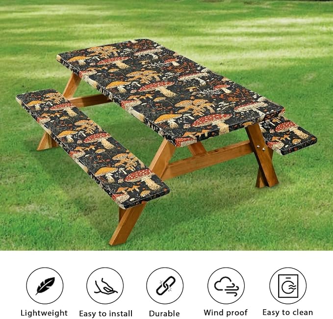 Mushroom Picnic Table Cover with Bench Covers, Beach Waterproof Outdoor Table Cover, Picnic Table Covers with Elastic Suitable for Camping Party Travel Camping