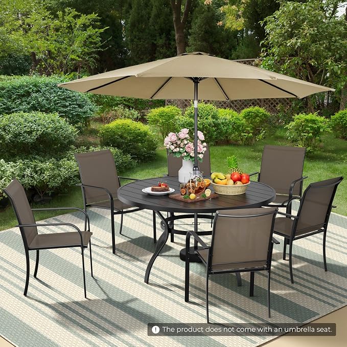 Incbruce 8 PCS Patio Dining Set with Brown Umbrella, Outdoor Dining Set of 6 Textilene Chairs and 53" Round Table with Umbrella Hole for Backyard, Garden, and Poolside (Brown)