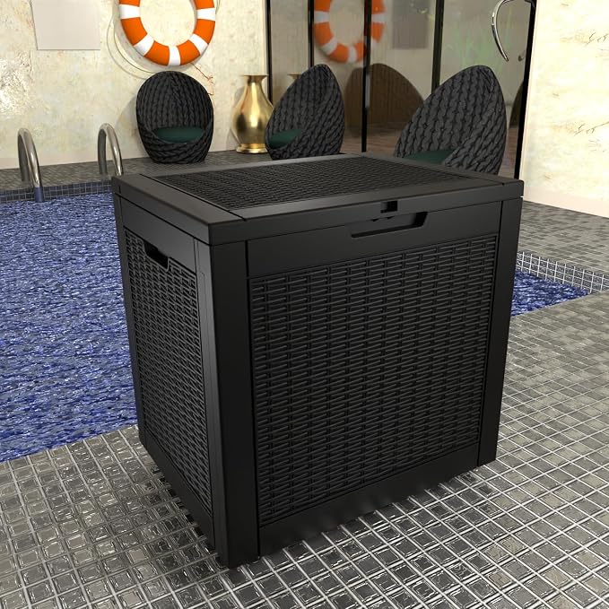 Resin Deck Box, Lockable Patio Outdoor Storage Box for Furniture, Garden Tools and Tools Storage, Waterproof Outside Storage Boxes (Black, 30 Gallon)