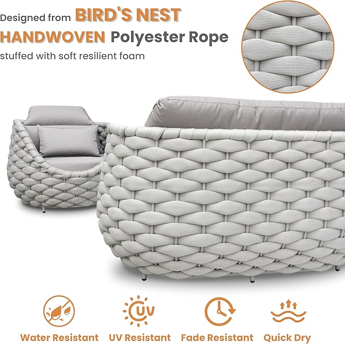6 Pieces Deck Patio Furniture Set: Hand Woven Rope, Rusrproof Aluminum Frame, Weather Resistant, Thick Cushions, No Assembly, Comfy Outdoor Conversation Sofa Set for Porch Yard Lawn Hotel - Gray