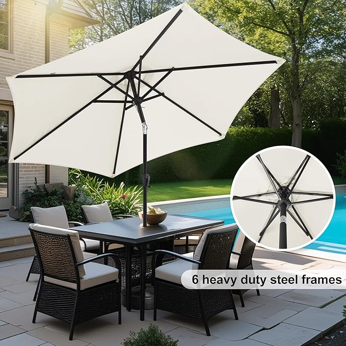 FLAME&SHADE 10ft Patio Umbrella - Outdoor Umbrella with 6 Sturdy Ribs, Push Button Tilt and Crank, UV Protection Table Market Umbrella for Pool, Porch，Garden, Deck, Backyard(Ivory)