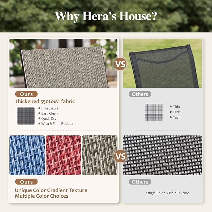HERA'S HOUSE 7pc Outdoor Patio Dining Set for 6, Textilene Chairs, Brown | 60" rectangular metal table with umbrella hole. Waterproof, rust-resistant, all-weather for backyard, porch