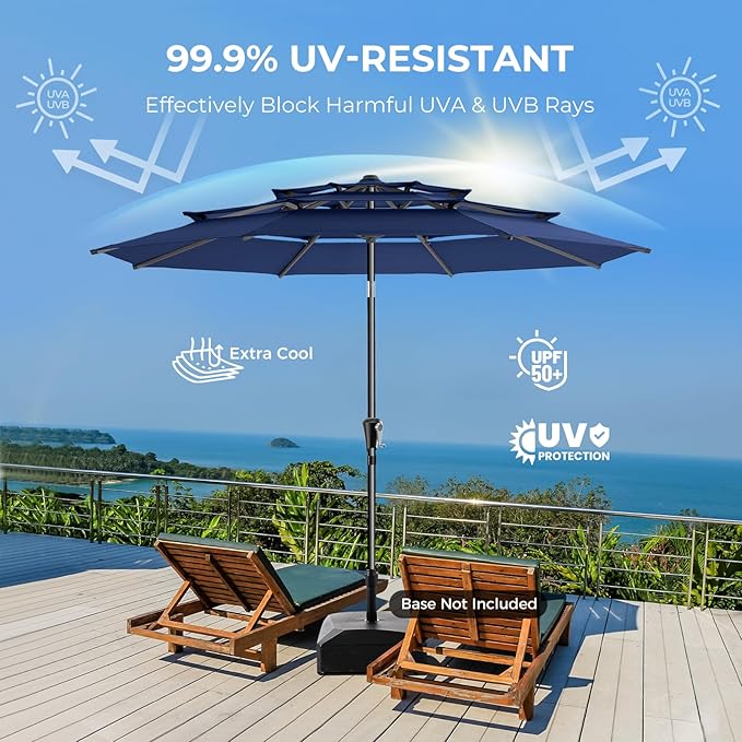 HOMSHADE 9FT 3-Tiers Outdoor Patio Umbrella with 5-Year Fade Resistant,Vented Outdoor Commercial Market Umbrella with UPF50+ UV Protection & Push Button Tilt and Crank for Pool,Backyard(Navy Blue)