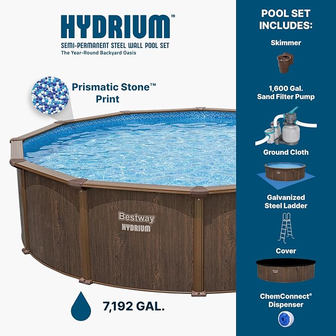 Bestway Hydrium 18' x 52" Above Ground Pool, Round Steel Side Wall Frame Outdoor Swimming Pool Set with Sand Filter Pump, Ladder & Accessories