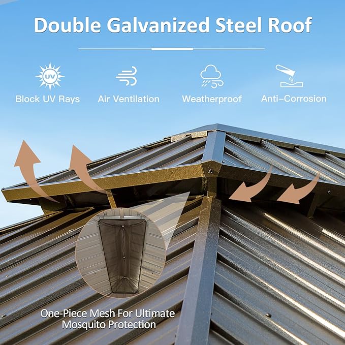 Domi 10' X 14' Hardtop Gazebo, Upgraded Metal Gazebo with Drainage System, Dual-Layer Galvanized Steel Roof, Curtain and Netting, Outdoor Shelter Canopy for Patio, Garden, and Backyard, Brown