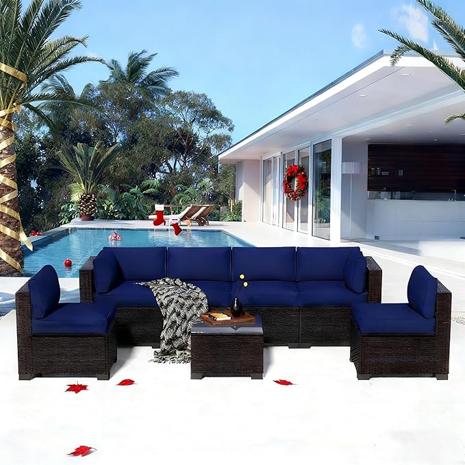 YLGJ&TIDY 7-Piece Outdoor Sectional Patio Furniture Set,Waterproof Patio Furniture with Metal Frame,All-Weather Wicker Rattan Sofa,Perfect for Garden Poolside Backyard (7, Darkbrown&Navy Blue)