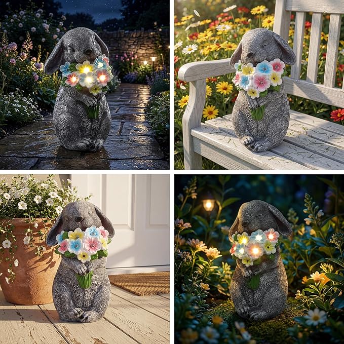 PETAFLOP Solar Garden Statues Outdoor Decor, Rabbit Figurines with Flowers for Patio Balcony Lawn Yard Decorations, Birthday Housewarming Gifts for Women Mom Grandma