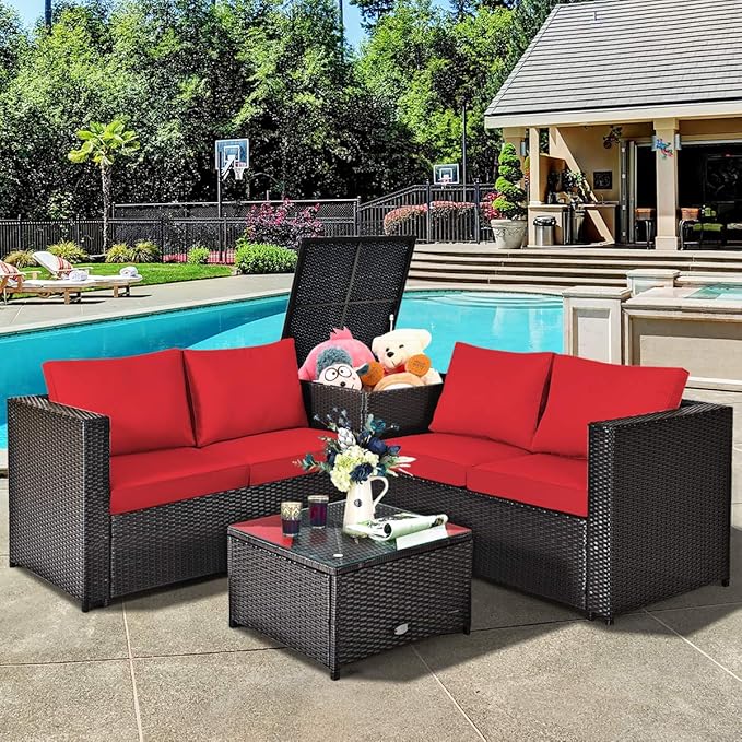 Tangkula 4 Piece Wicker Patio Set with Storage, All Weather-Proof Outdoor Conversation Set, with Loveseat, Glass Top Coffee Table & Storage Box, Suitable for Garden, Poolside, Sunroom (1, Red)