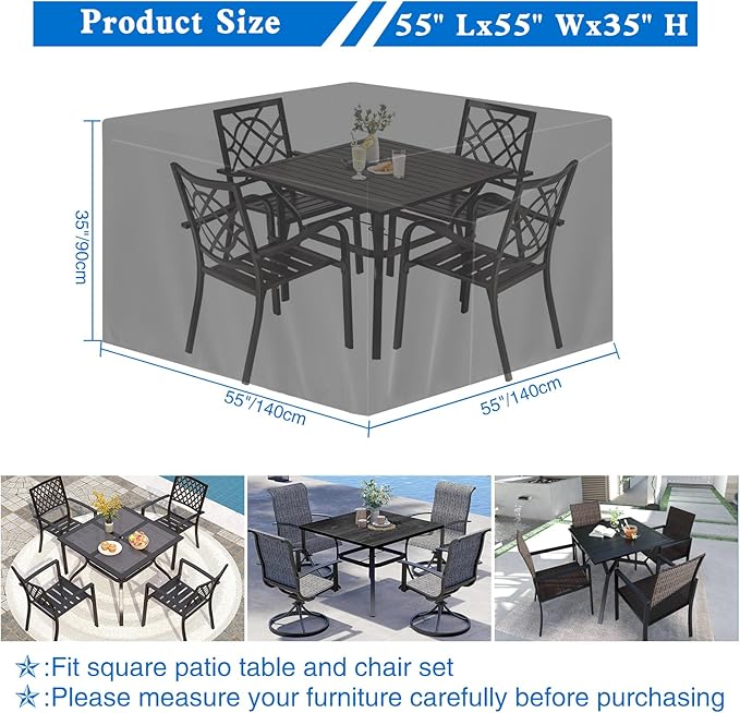 Outdoor Table Cover, Patio Furniture Covers Waterproof, 420D Rectangular Outdoor Couch Cover - Lawn Patio Covers for Outside Sofa, Dining Table Chairs Sets (55" L x 55" W x 35" H)