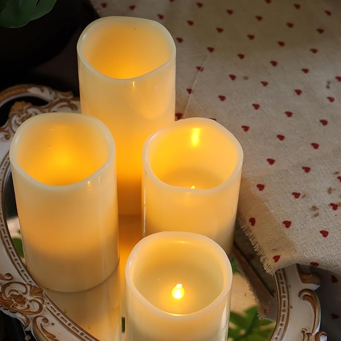 CANDLE CHOICE Real Wax Battery Operated Flameless Candles with Remote Automatic Daily Cycle Timers Realistic Flickering Electric LED Pillars Wedding Party Halloween Christmas Decorations 4 Pack Ivory