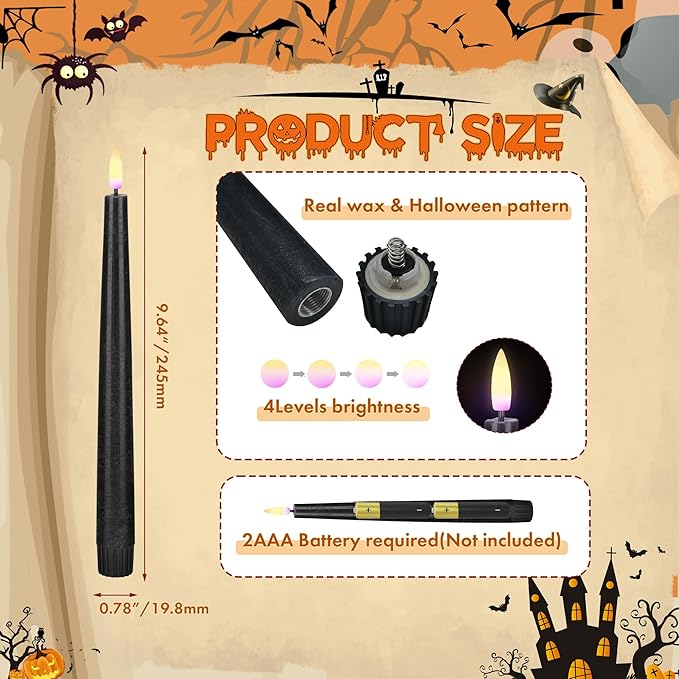 Black Flameless Taper Candles with Remote, Real Wax Halloween Candles, 9.6 Inch Battery Operated Led Candlesticks for Party Home Festival Decor, 3 Pack