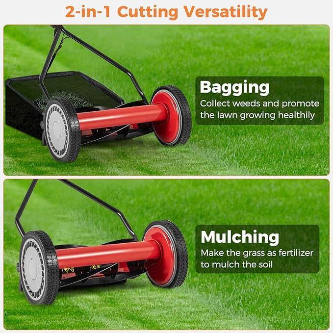 Push Lawn Mower, 14" Manual Rear Mower with 5 Steel Blades, Adjustable Cutting Heights & Grass Catcher Bag, Walk-Behind Grass Cutter Lawn Sweeper for Garden, Park & Yard (Red)