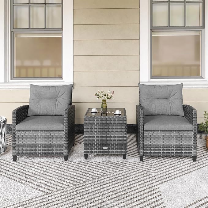 Patio Furniture Set, 3 Pcs Outdoor Wicker Conversation Set with Glass Coffee Table, Patio Chairs w/Washable Cushions, PE Rattan Outdoor Furniture Set for Porch Garden Backyard (Grey)