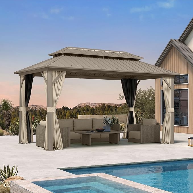 PURPLE LEAF 8' x 14' Outdoor Hardtop Gazebo, Champagne Aluminum Gazebo with Galvanized Steel Double Roof, Curtains and Netting for Patio Lawn and Garden