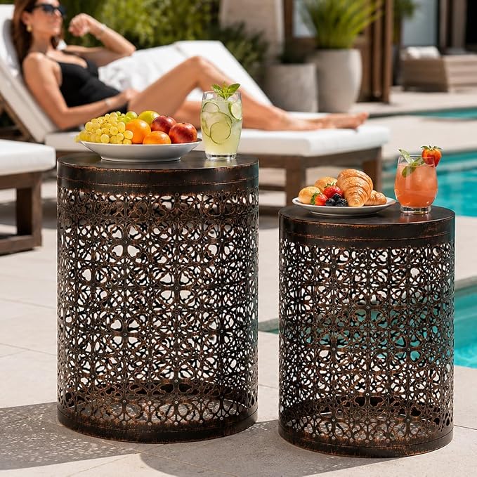 HFHOME Set of 3 Heavy-Duty Round End Table, Side Table, Coffee Table for Indoor Multifunctional Use, Outdoor Decorative Garden Stool Plant Stand-Bronze