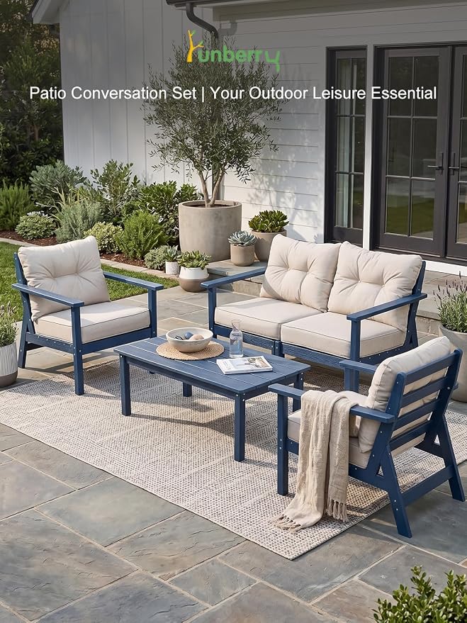 HDPE Patio Conversation Set 5 Seats, Outdoor Furniture Set, Patio Sofa Set | Water-Resistant Thick Cushion, HDPE All Weather, Wood-Grain, No Rot or Rust or Crack, UV Fade Shield, Easy-Clean for Outside